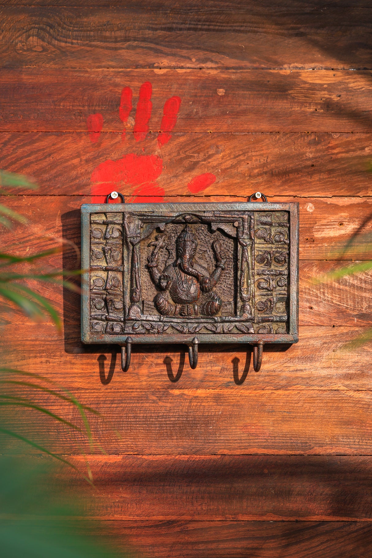 First God-Ganesha wooden panel with hooks in vintage antiq. finish