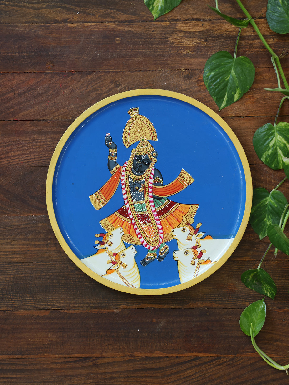 Wooden Wall Plates - Krishna And His Favourite Cow