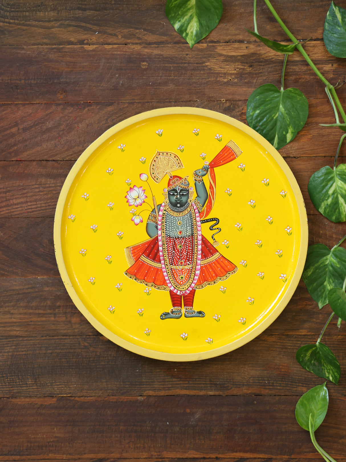 Wooden Wall Plates - Lord Krishna's Hand with Lotus Flower