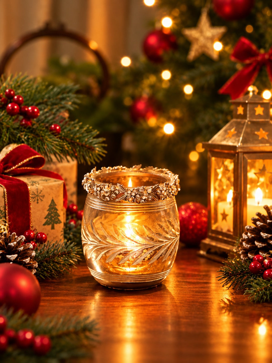 Exclusive Design Glass votive with removable jeweled metal ring in Mercury finish- L - Christmas decor