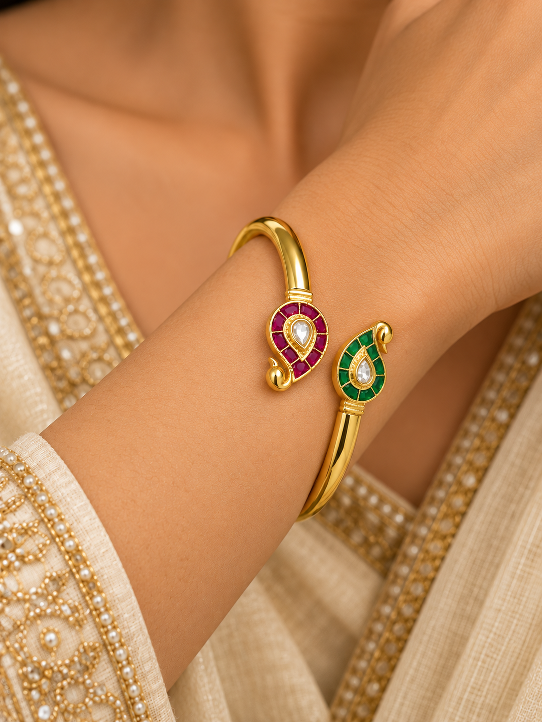 Ruby & Emerald Dual Motif Open Cuff Bracelet
