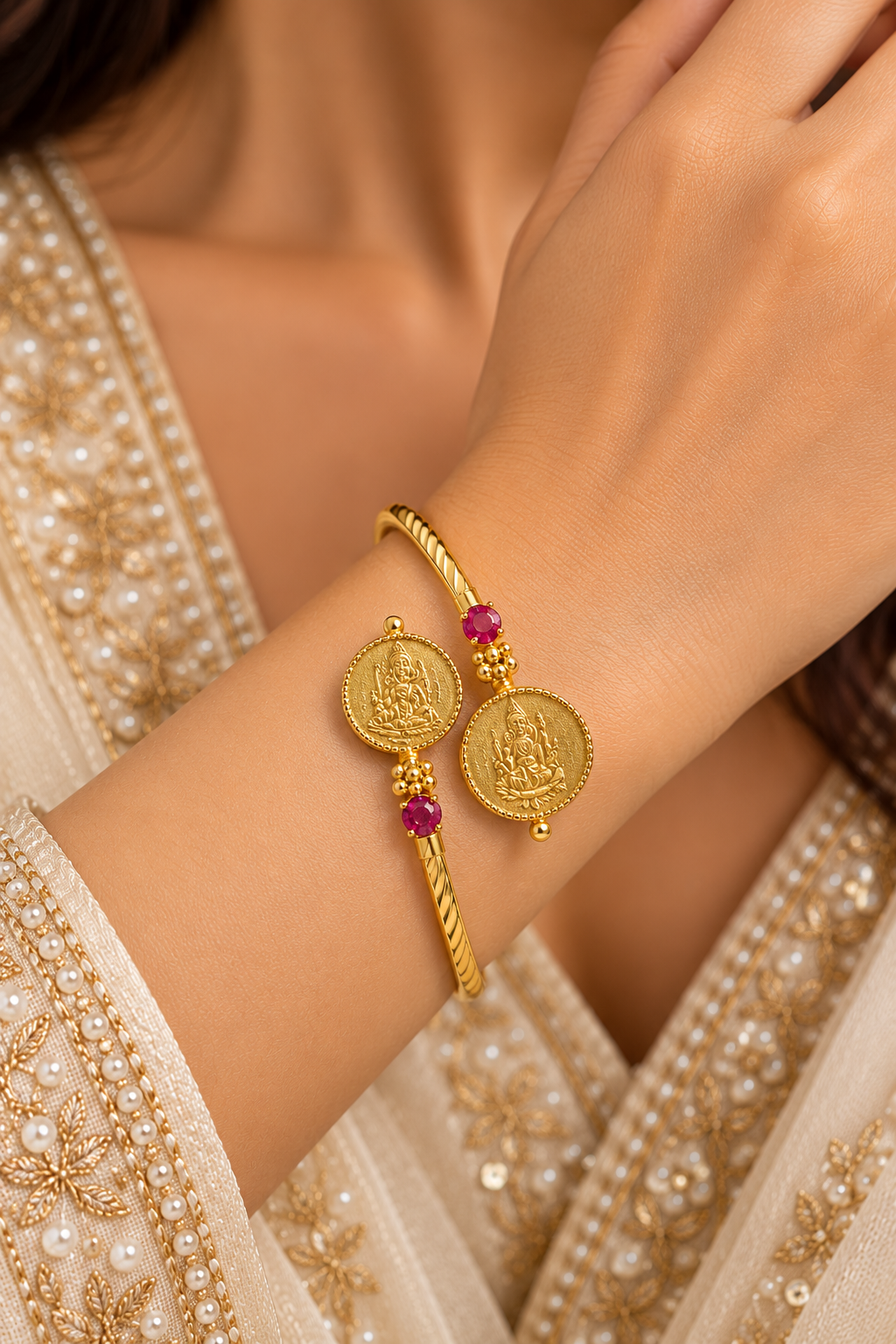 Ruby Lakshmi Coin Gold-Tone Open Cuff Bracelet