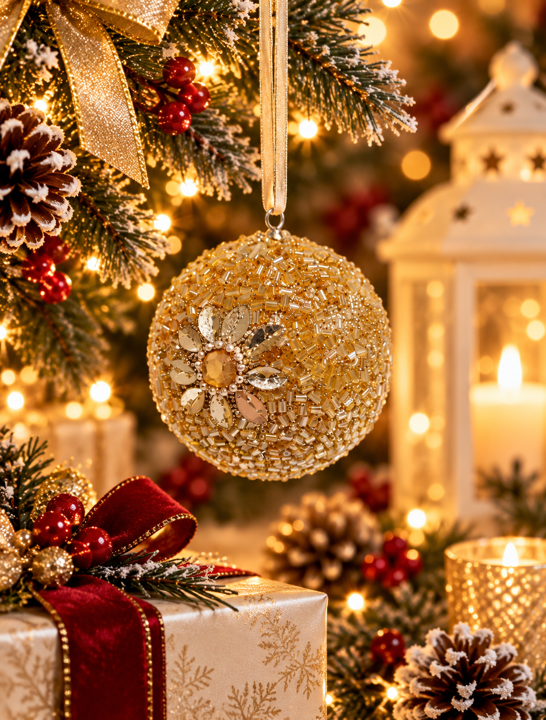 Zarielle Gold Beaded Christmas Bauble - Christmas decor
