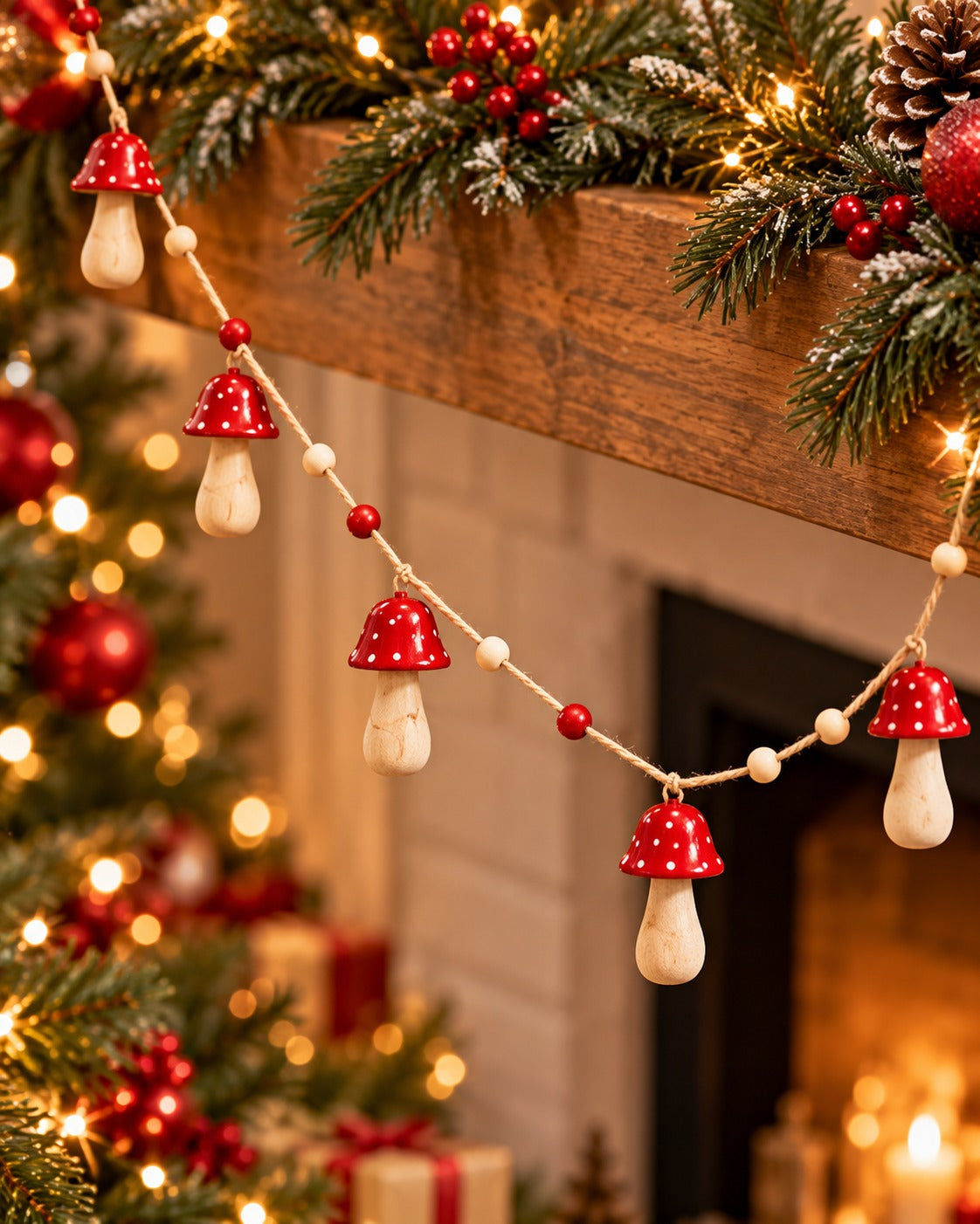 Jingle Bell Wooden Mushroom Christmas Garland - Christmas decor