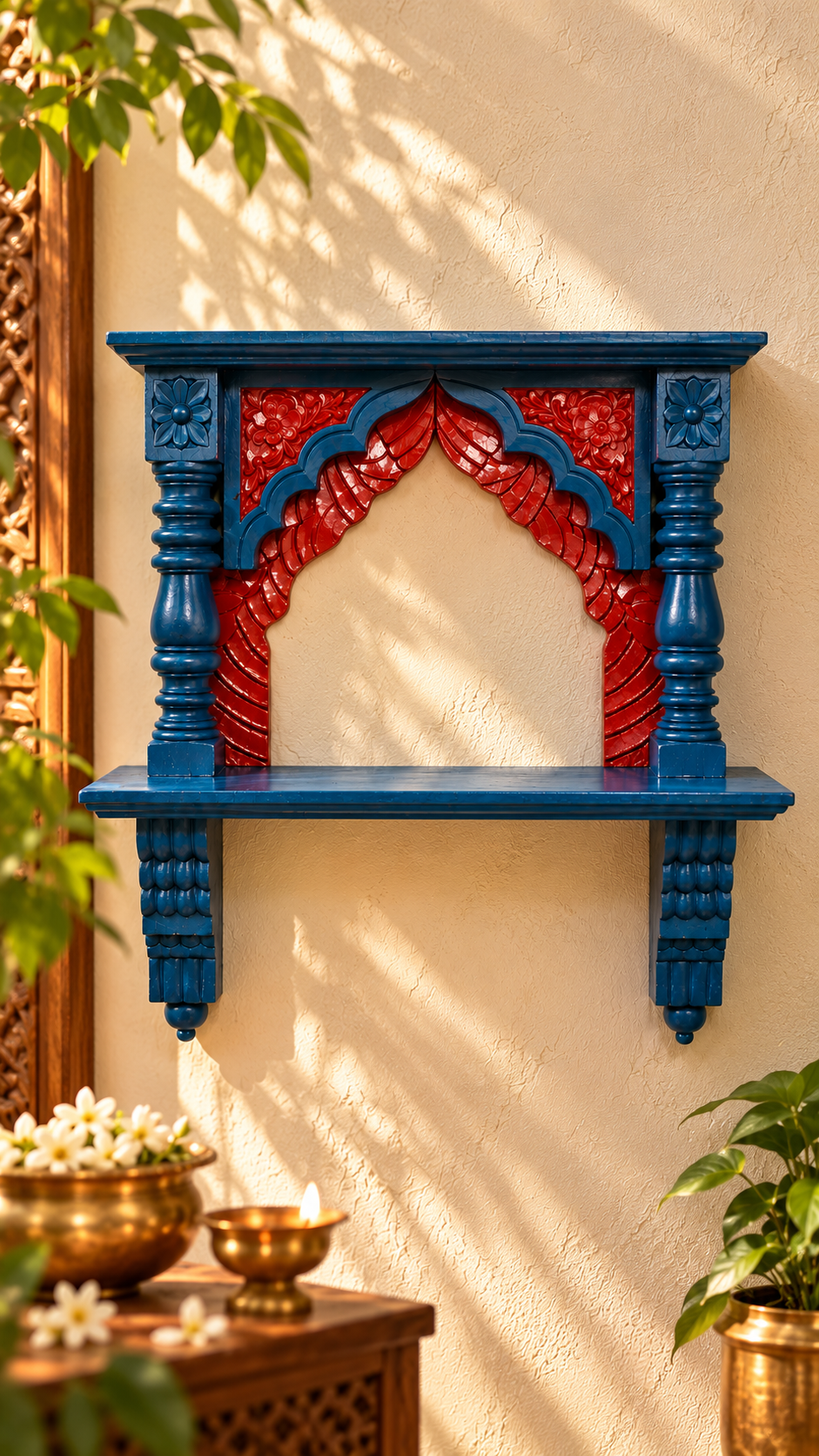 Royal Blue & Red Carved Wooden Wall Shelf