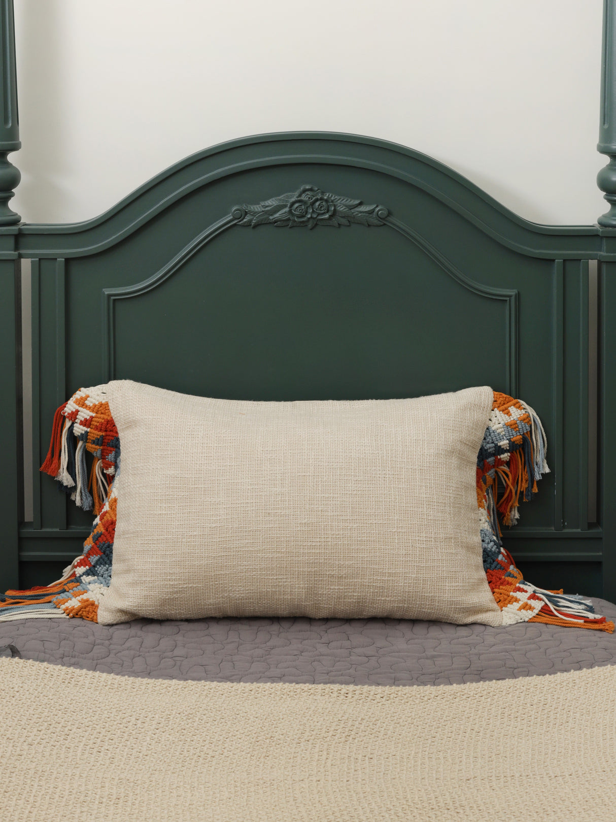 Off white cushion cover with colorful Macrame Tassels