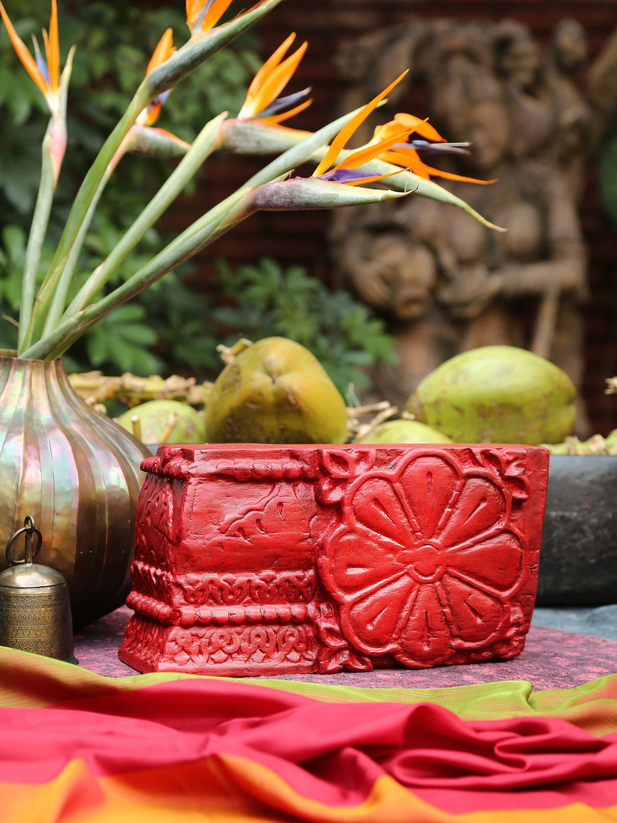 Carved Wooden Block RED WOODEN BOX by ReviveHome