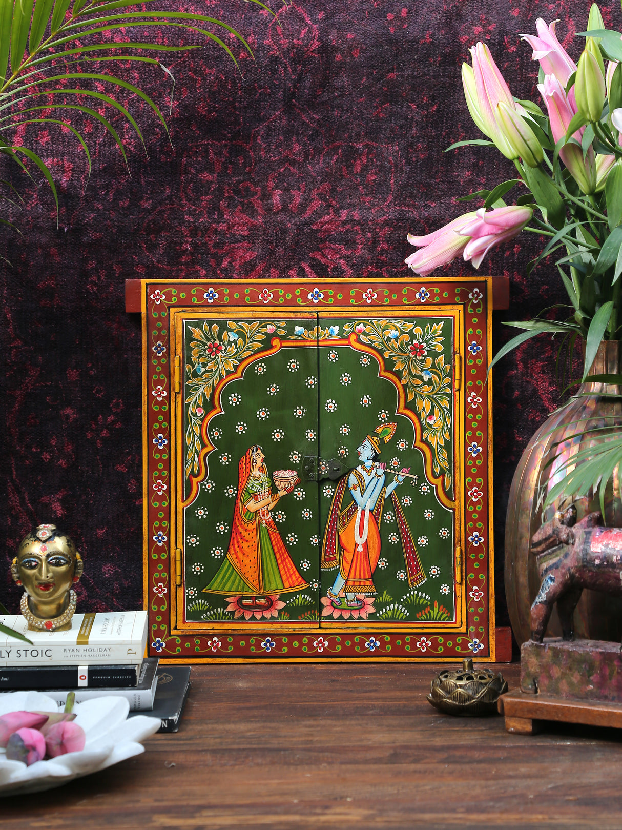 Mirror - Wooden Multicolor handpainted Radha Krishna 2 panel window panel