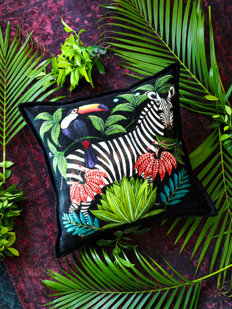 Digital Jungle Printed - Zebra Design Pillow With Viscose Velvet Trim