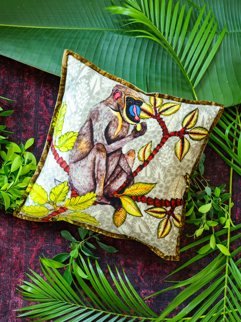 Digital Jungle Printed - Monkey Design Pillow With Viscose Velvet Trim