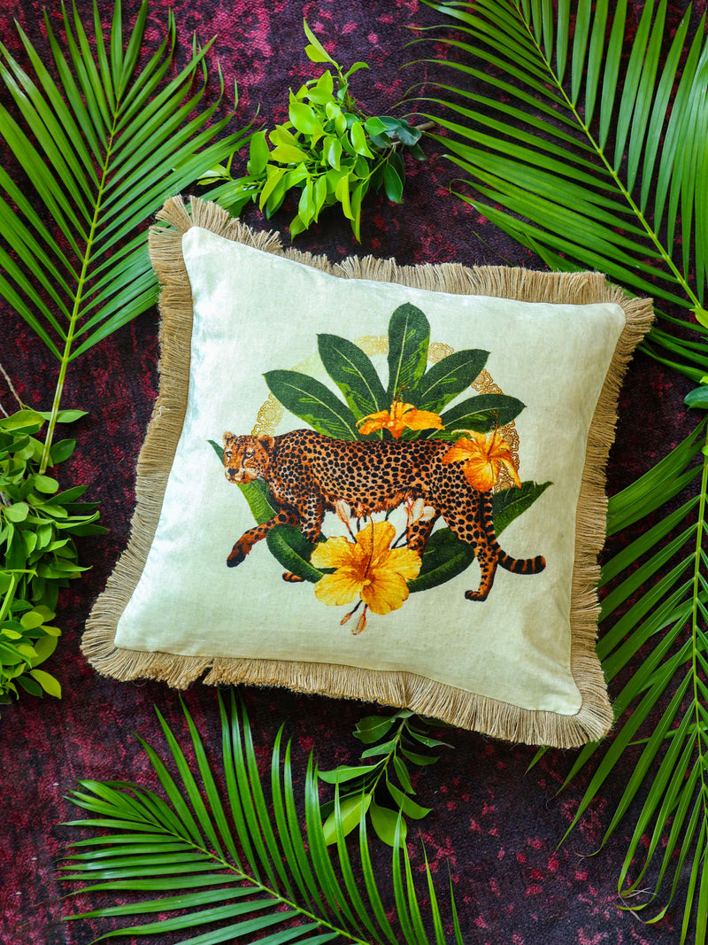 Digital Jungle Printed - Leopard Design Pillow Viscose Velvet With Trim