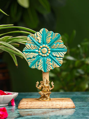 Handcrafted wooden tabletop stand in green and gold finish for displaying decorative statues.