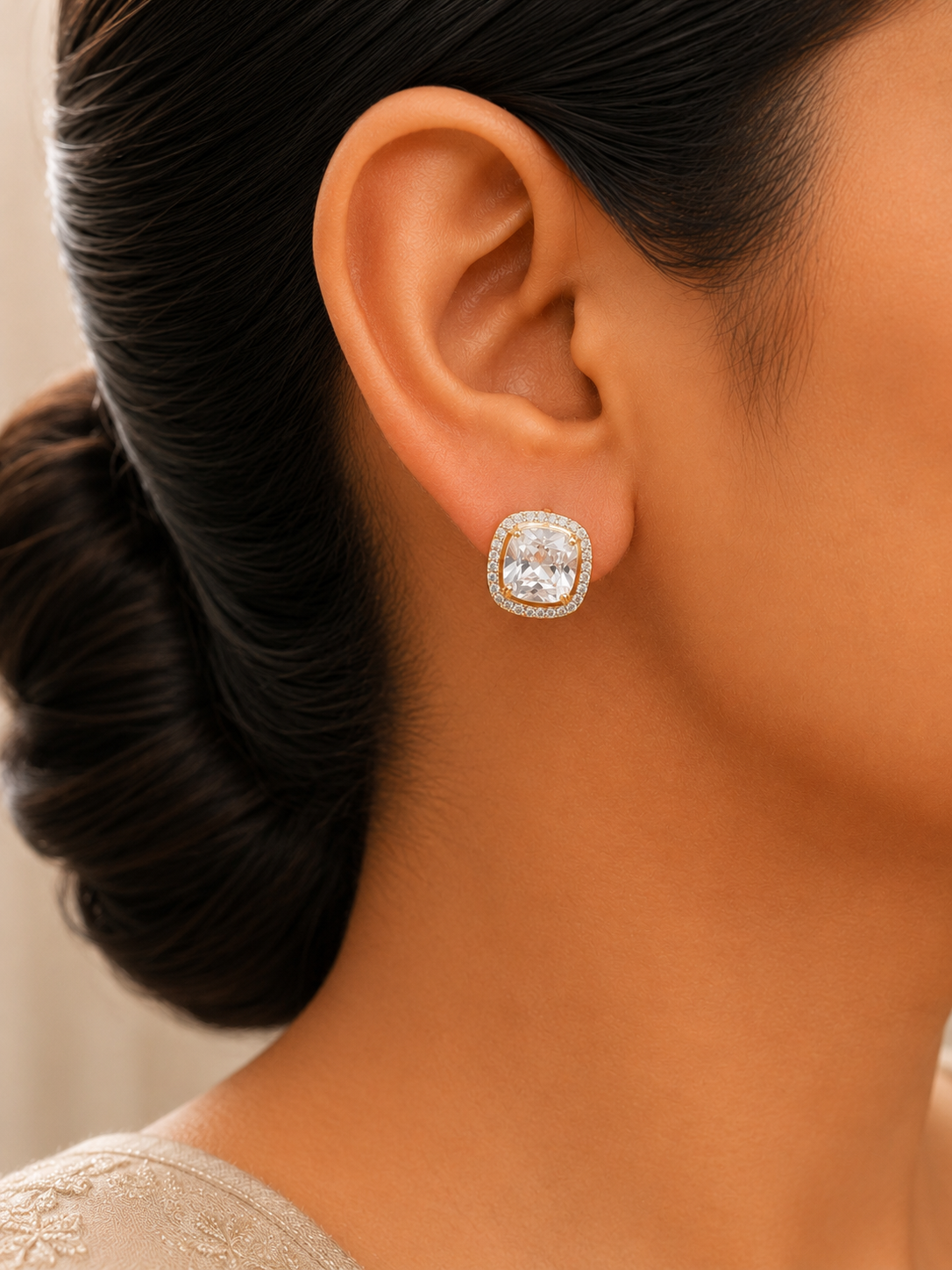 Raha Royal Cushion Halo Stud Earrings
