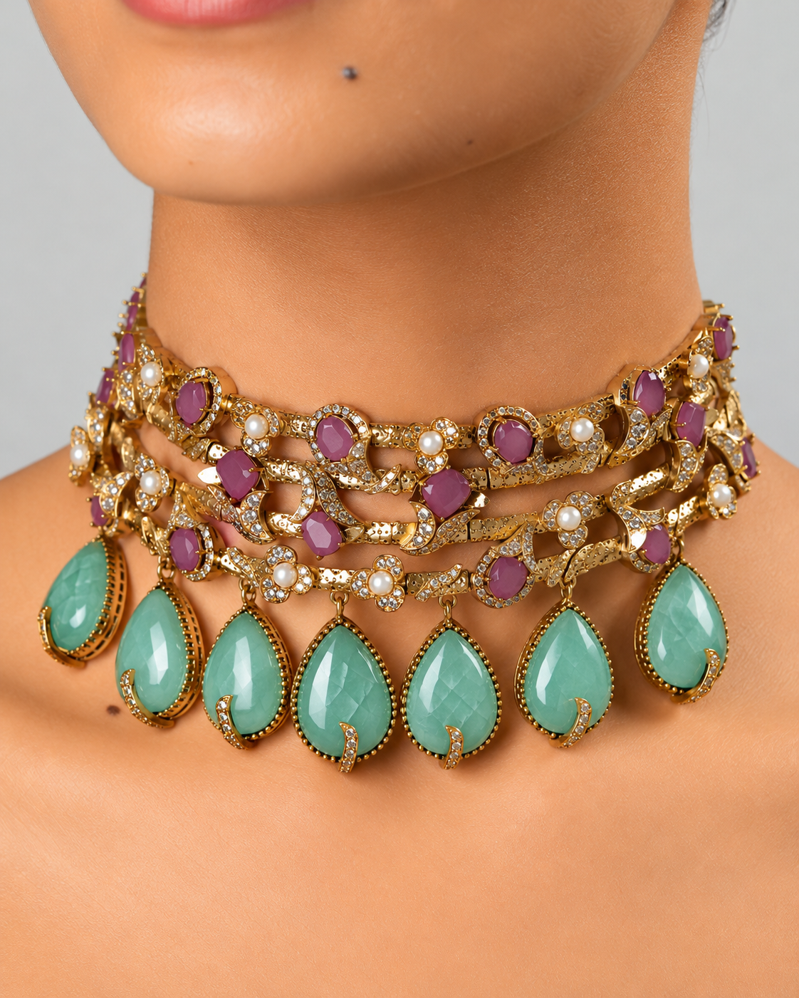 Shahpari Emerald Green and ruby Kundan Choker Necklace Set