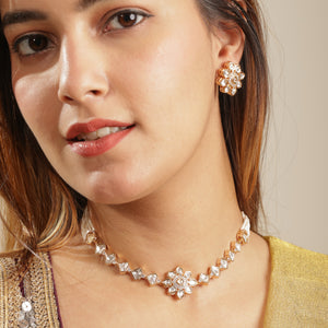 Juwayriya Floral Kundan Polki Gold-Tone Necklace & Stud Earrings Set