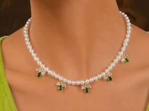 Vimla Emerald Pearl Blossom Necklace Set