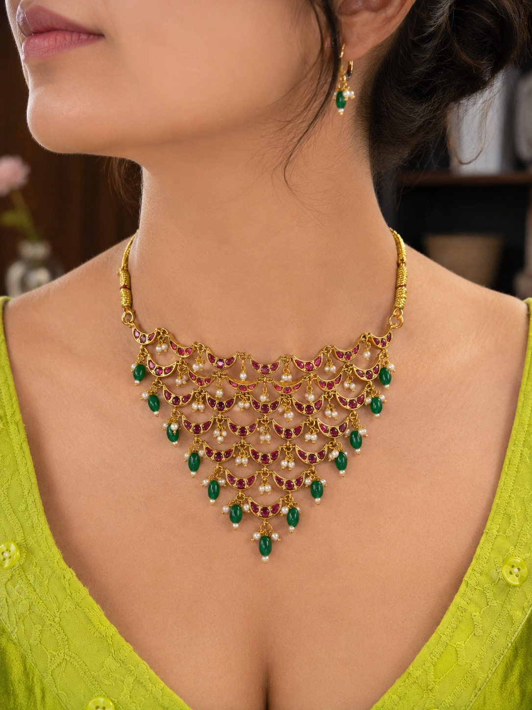 Jhalak Royal Ruby Green Cascade Necklace Set
