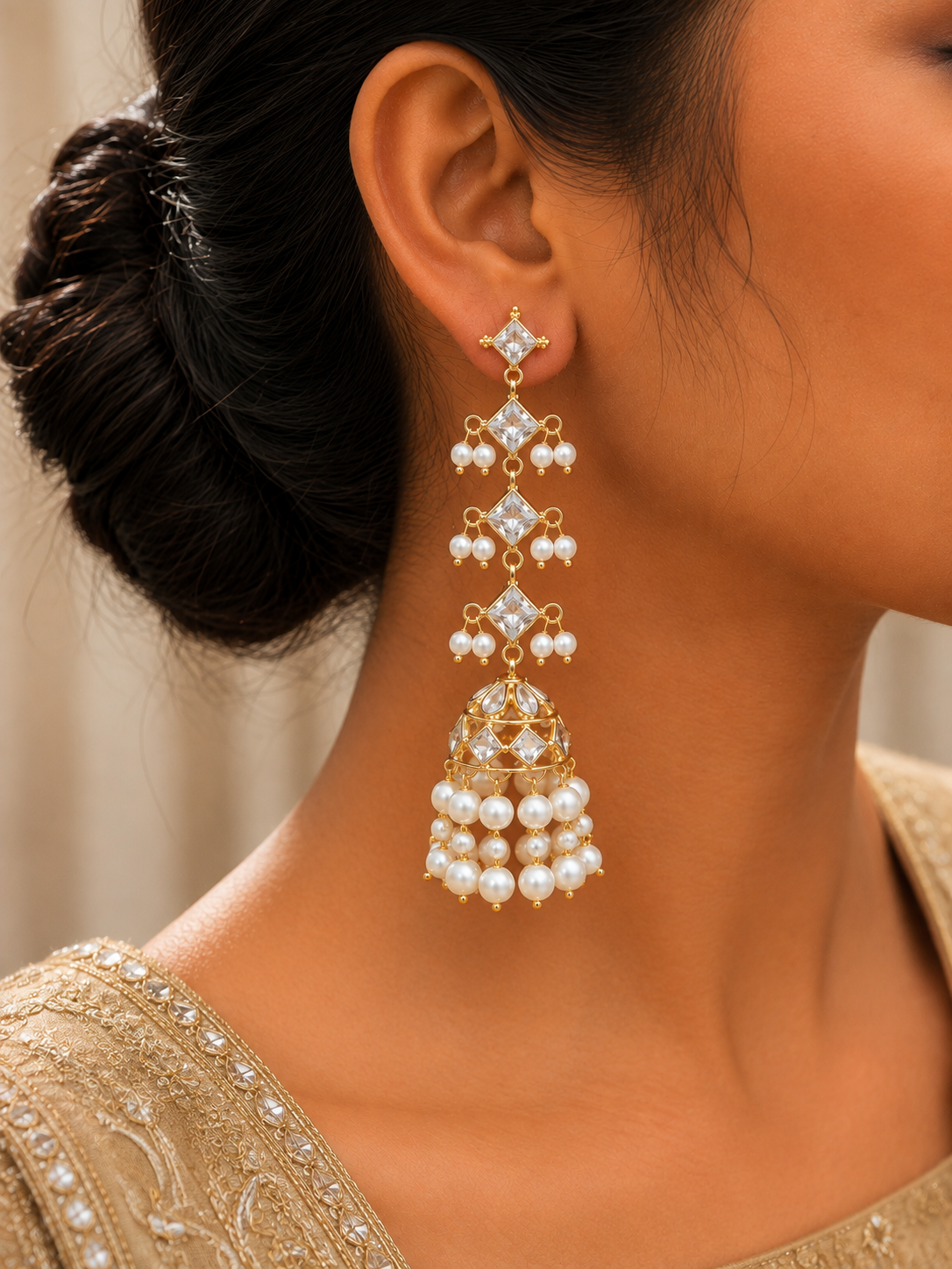 Veya Royal Pearl Jhumka Cascade Earrings