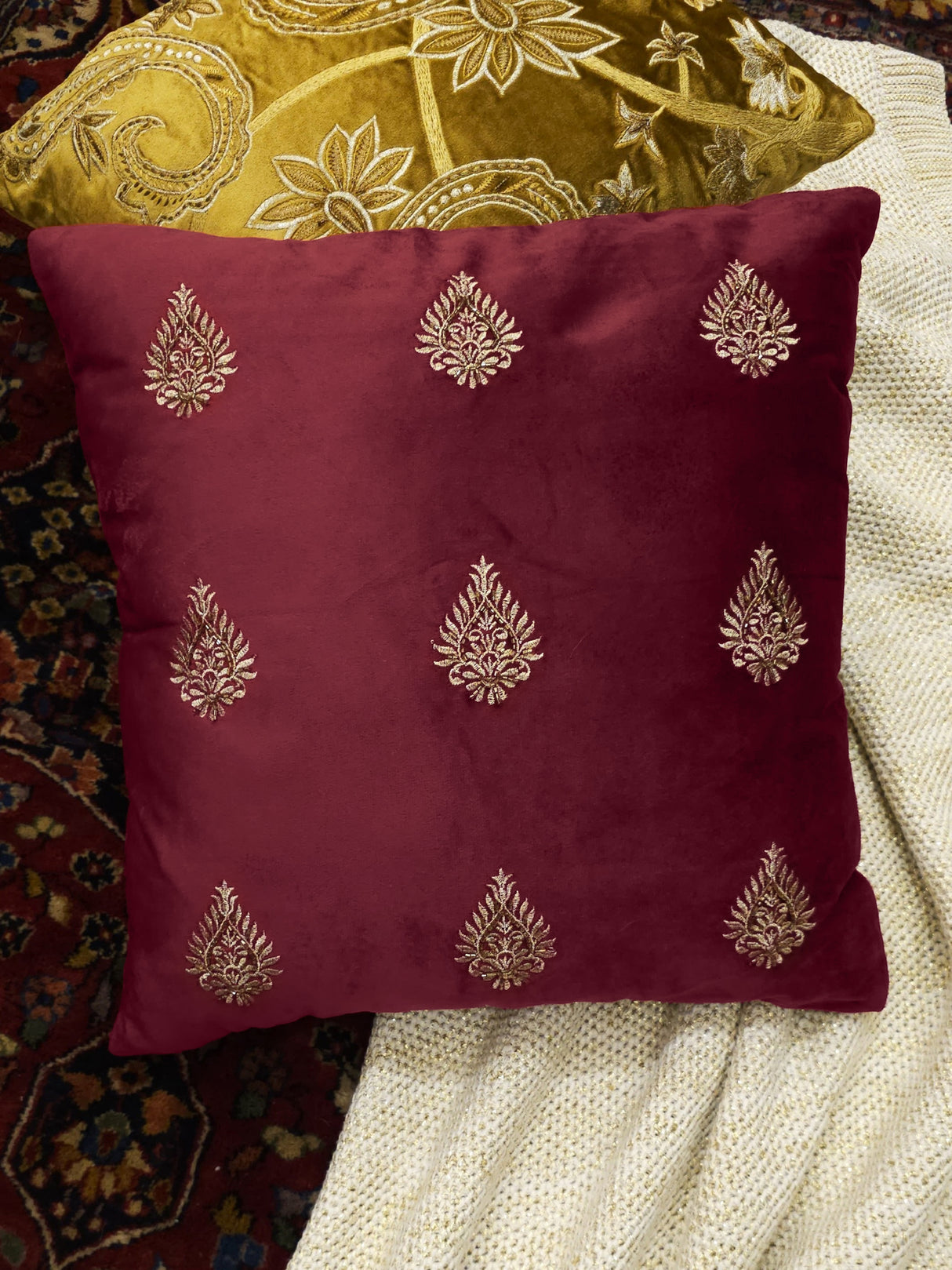 Velvet Cushion Cover - Burgundy Embroidered Flower Design