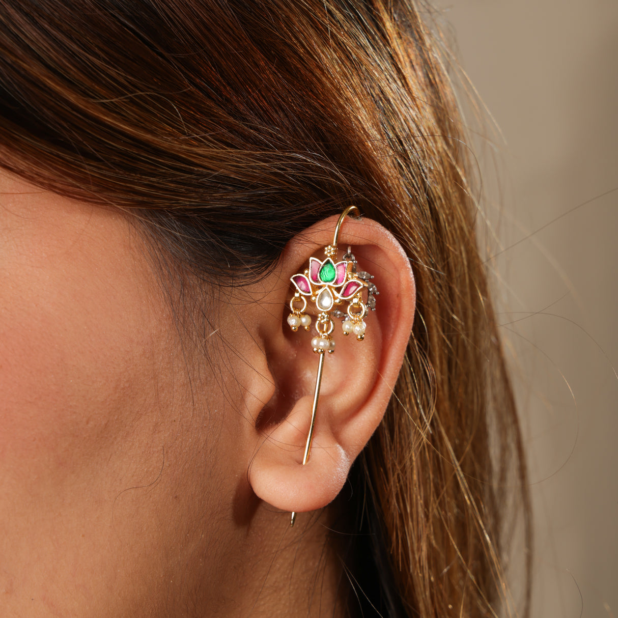 Jahanara Traditional Kundan Pearl Drop Ear Cuff