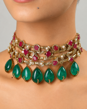 Shahpari Emerald Green and ruby Kundan Choker Necklace Set