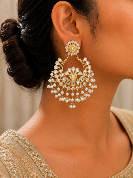 Delara Royal Kundan Pearl Chandbali Earrings