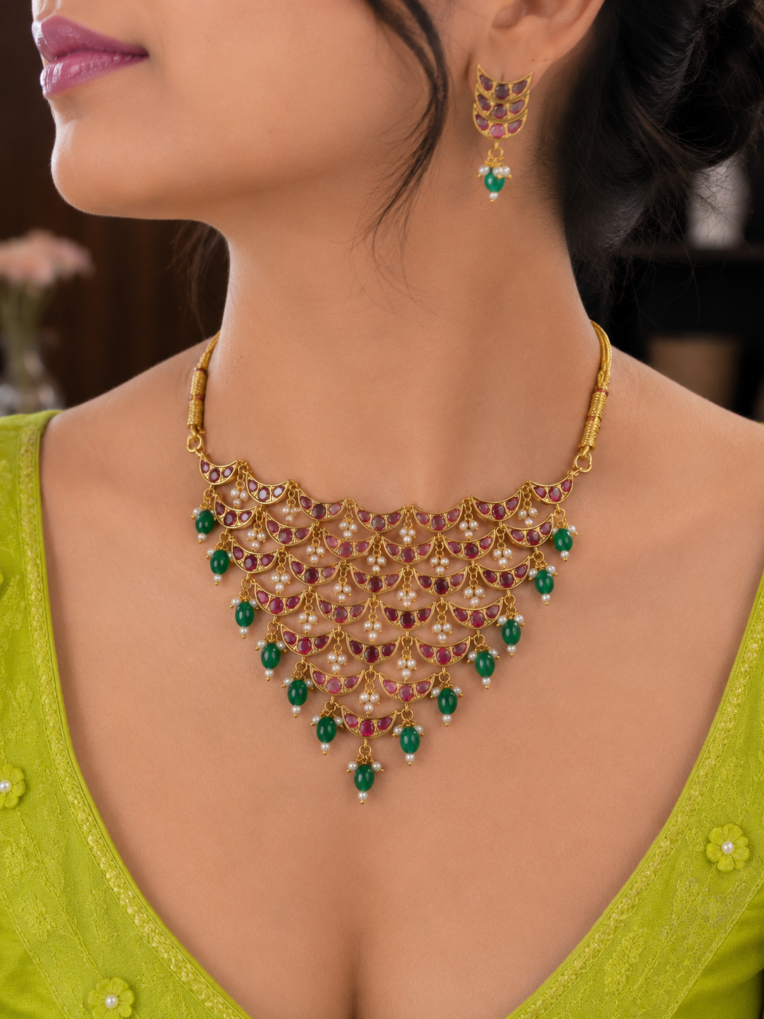 Jhalak Royal Ruby Green Cascade Necklace Set