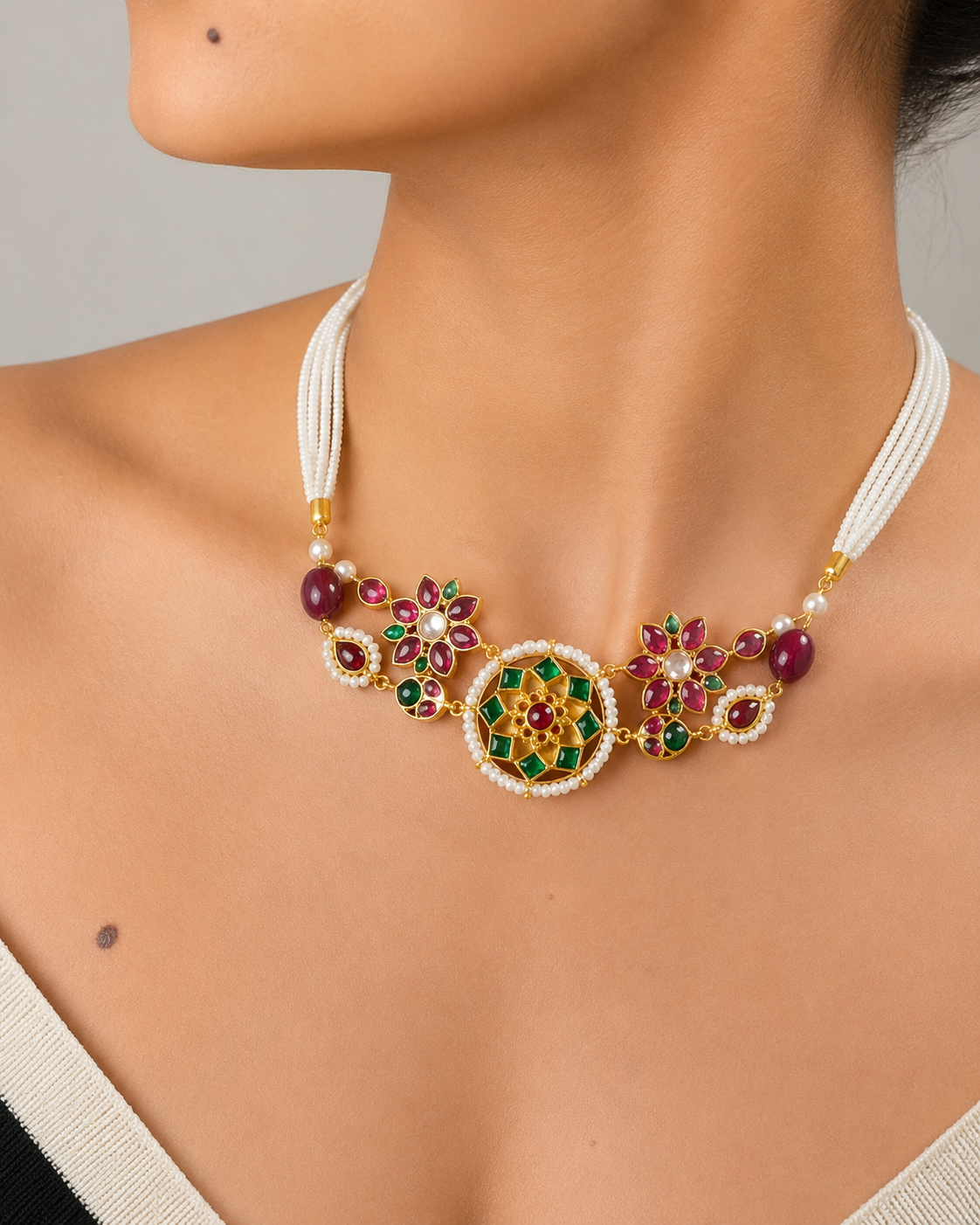 Sonakshi Emerald Ruby Pearl Choker Set