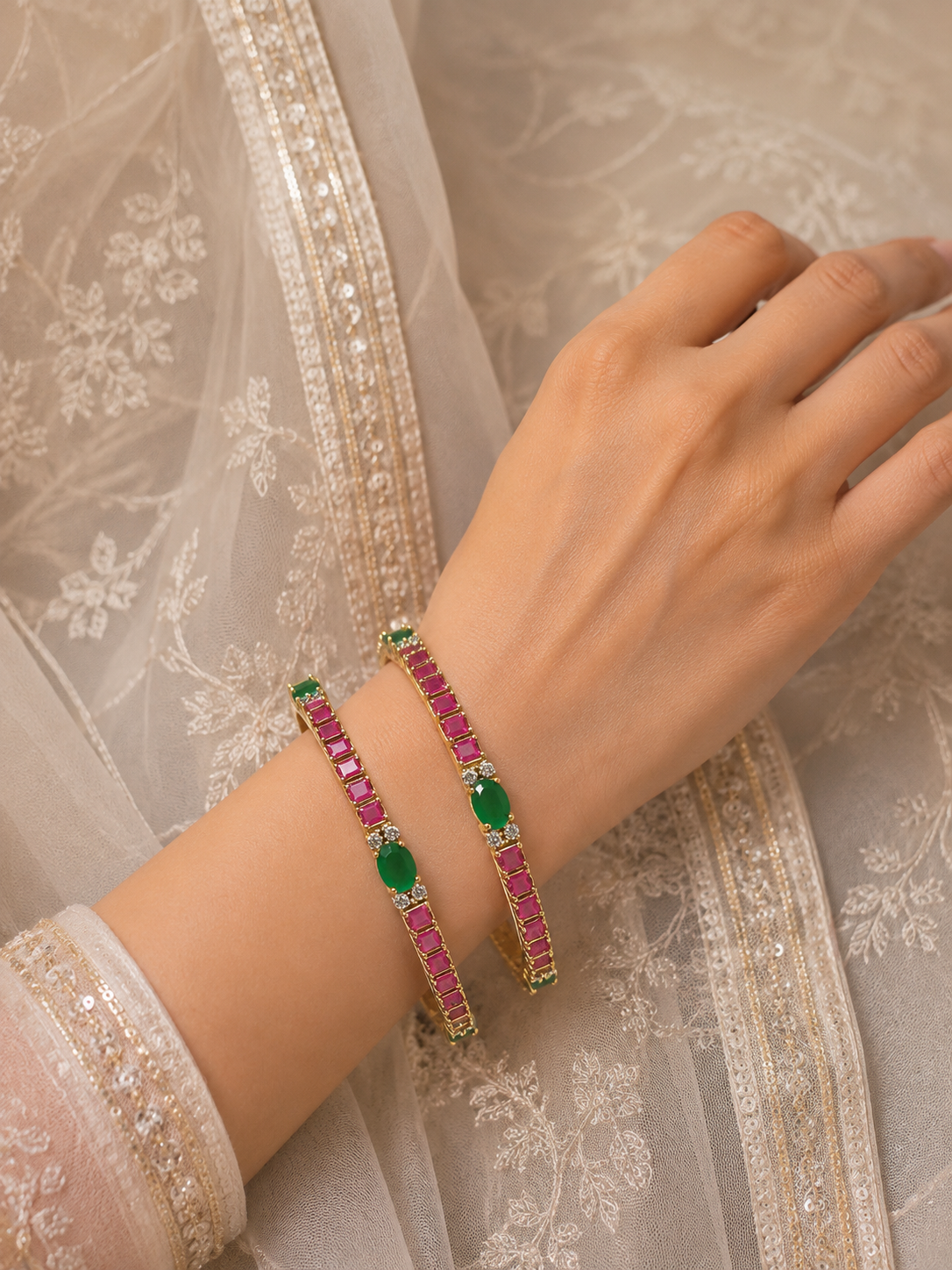 Shahbanu Emerald Ruby Bangle-2pc set