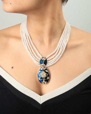 Anahita Royal Pearl & Blue Enamel Pendant Necklace Set