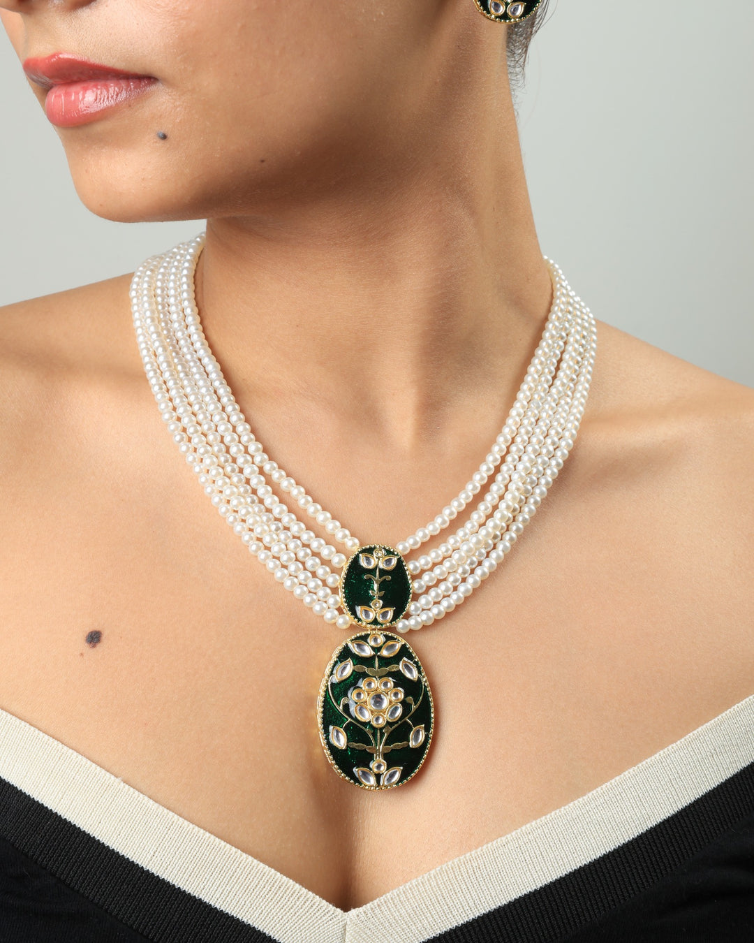 Anahita Royal Pearl & Green Enamel Pendant Necklace Set