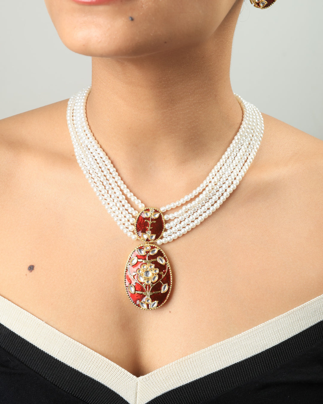 Anahita Royal Pearl & Maroon Enamel Pendant Necklace Set