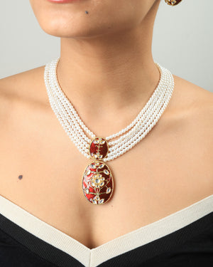 Anahita Royal Pearl & Maroon Enamel Pendant Necklace Set