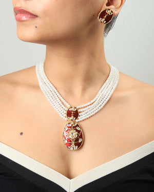 Anahita Royal Pearl & Maroon Enamel Pendant Necklace Set
