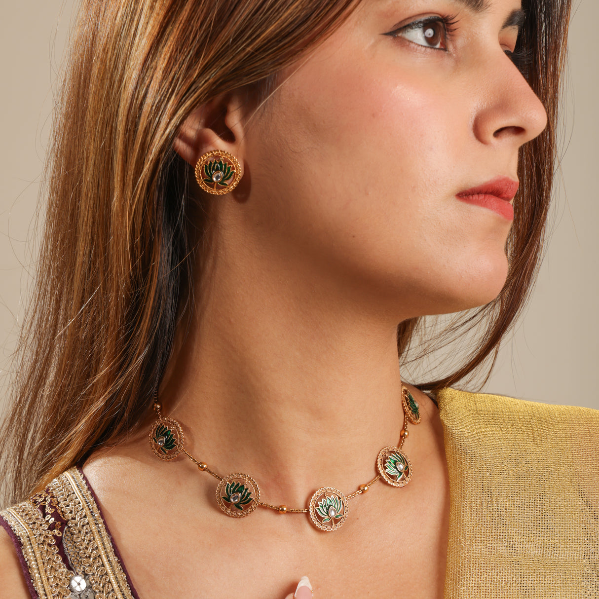 Manika  Green Lotus Heritage  Jewellery Set