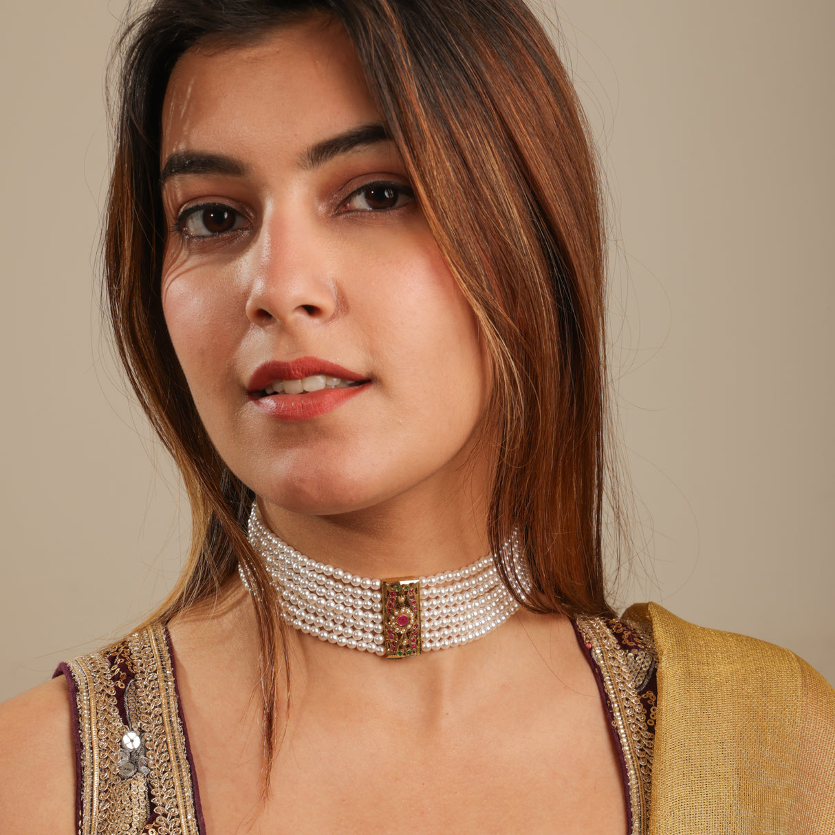 Bela Elegant  Pearl Choker with Jadau  gold plated pendant