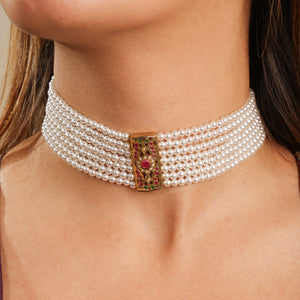 Bela Elegant  Pearl Choker with Jadau  gold plated pendant