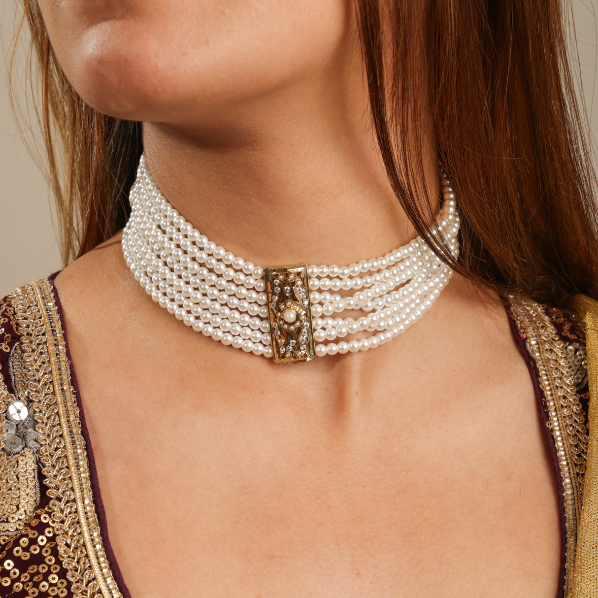 Bela Elegant  Pearl Choker with Jadau  gold plated pendant