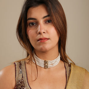 Bela Elegant  Pearl Choker with Jadau  gold plated pendant