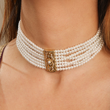 Bela Elegant  Pearl Choker with Jadau  gold plated pendant