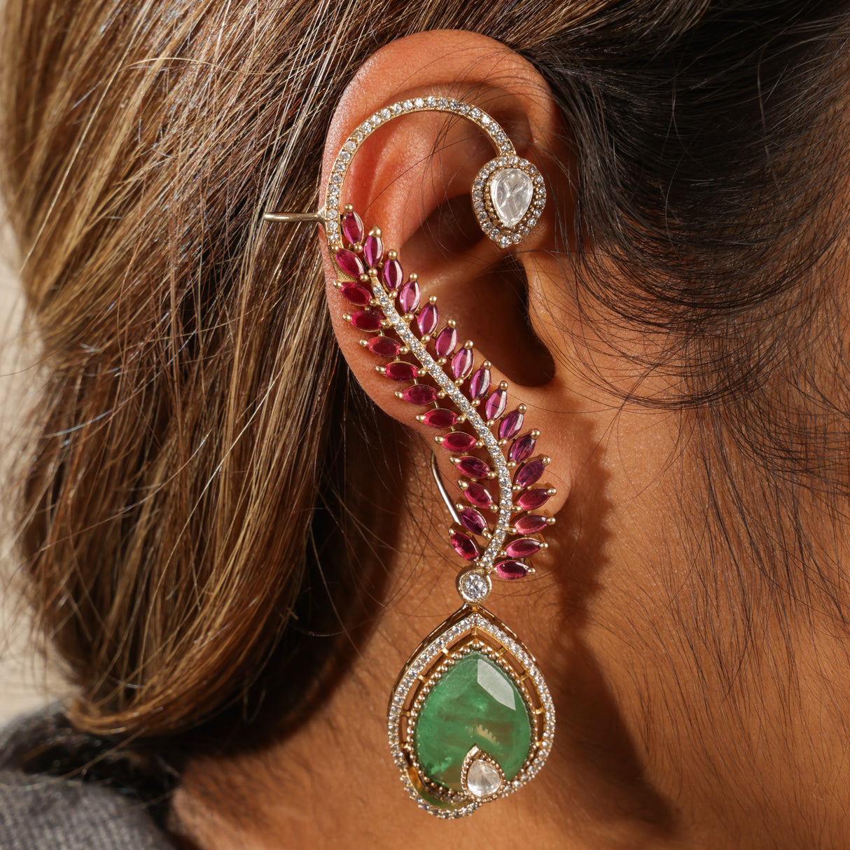 Karima Regal Emerald & Ruby Diamond Ear Cuff Drop Earring