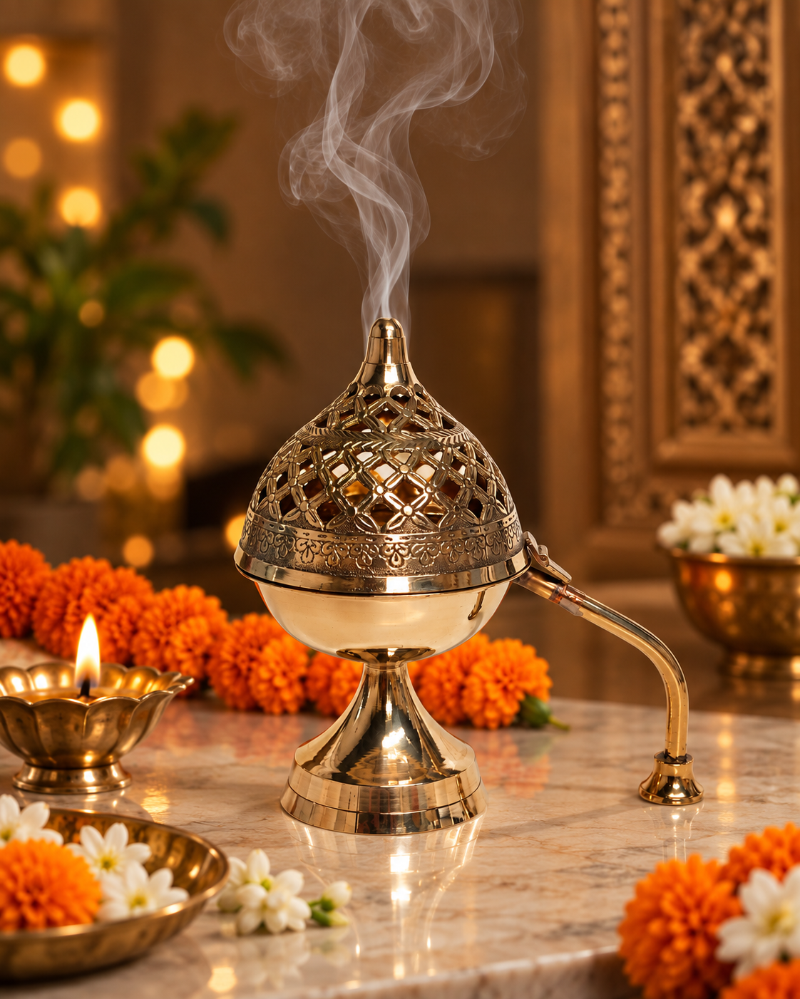 Dome shape brass incense burner with handle