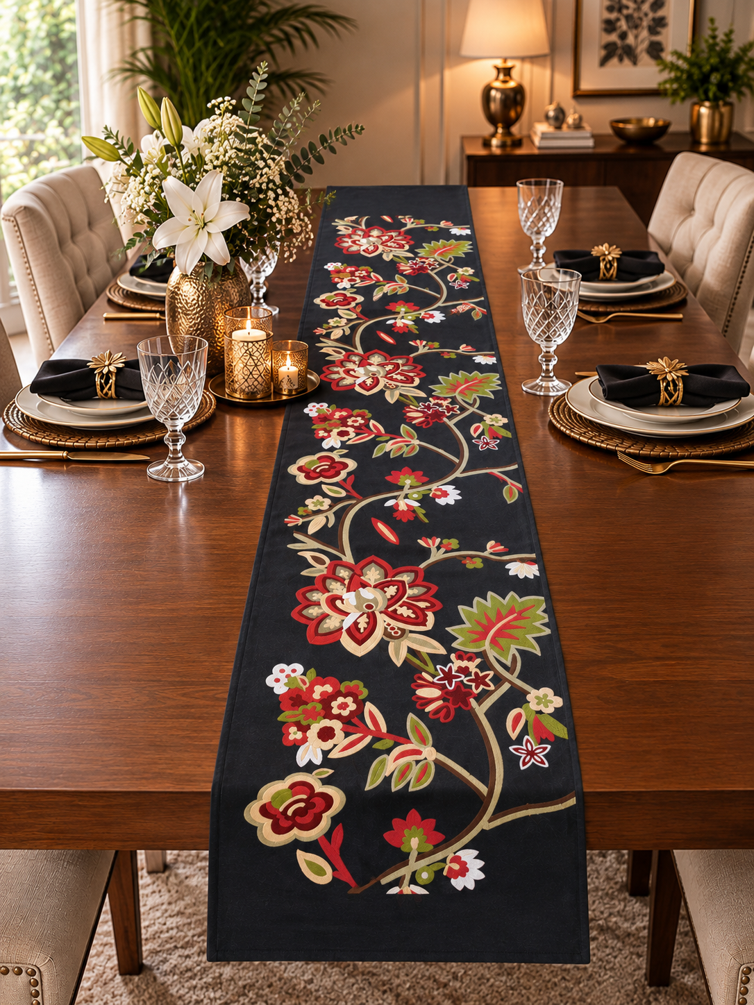 Embroidered black runner with flower pattern
