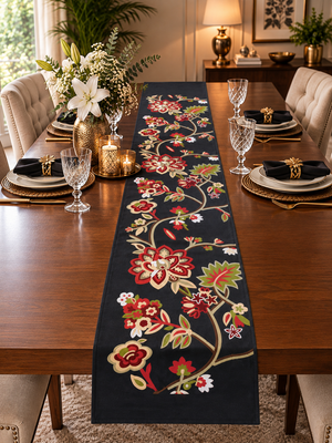 Embroidered black runner with flower pattern