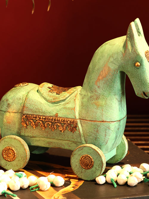 Wooden distressed Horse on wheels with Storage for Trinkets