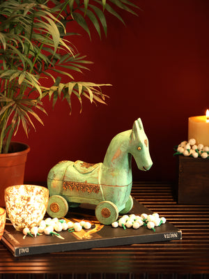 Wooden distressed Horse on wheels with Storage for Trinkets