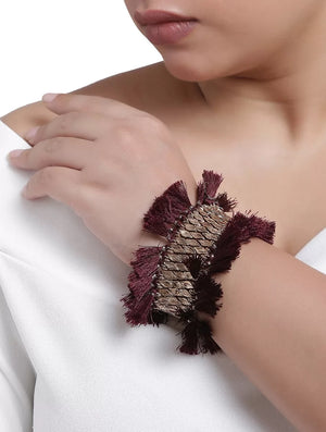 Brass Bracelet - Beads And Burgundy Tassels