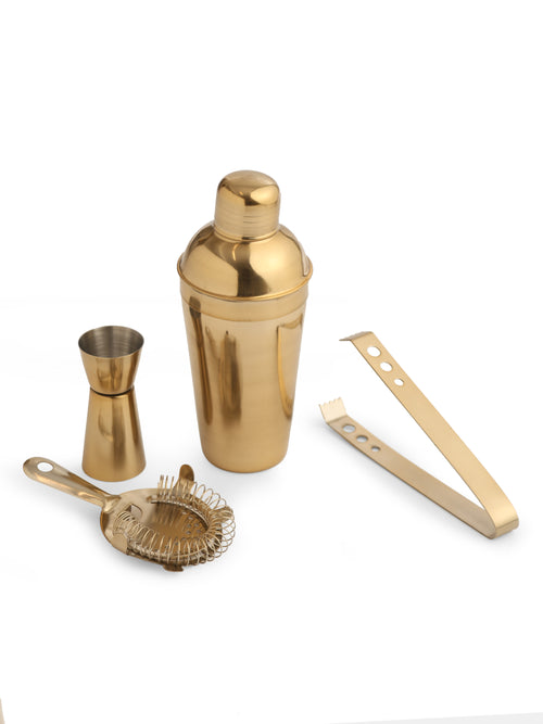 Cocktail Shaker in brass Finish with a peg measurer,Stirrer,Tong and cocktail strainer (Set of 5)