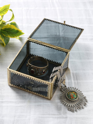 Tinted Glass Trinket Storage boxes with Gold Tone Rim (set of 4)