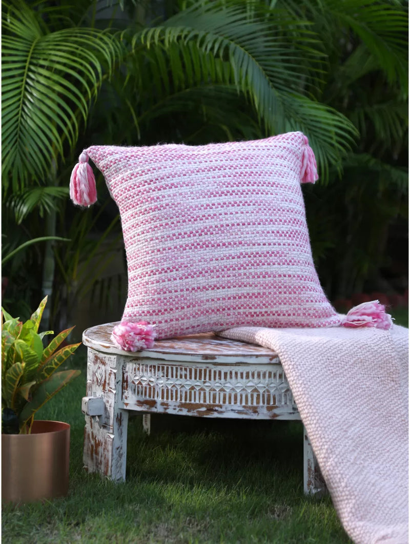 Cushion Cover With Tassels  - Ivory And Pink